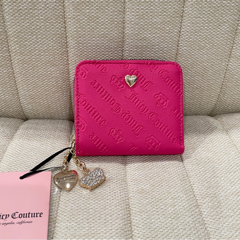 Juicy Couture Hot Pink Embossed Logo Bifold Zip Around Wallet Crown Heart Charm